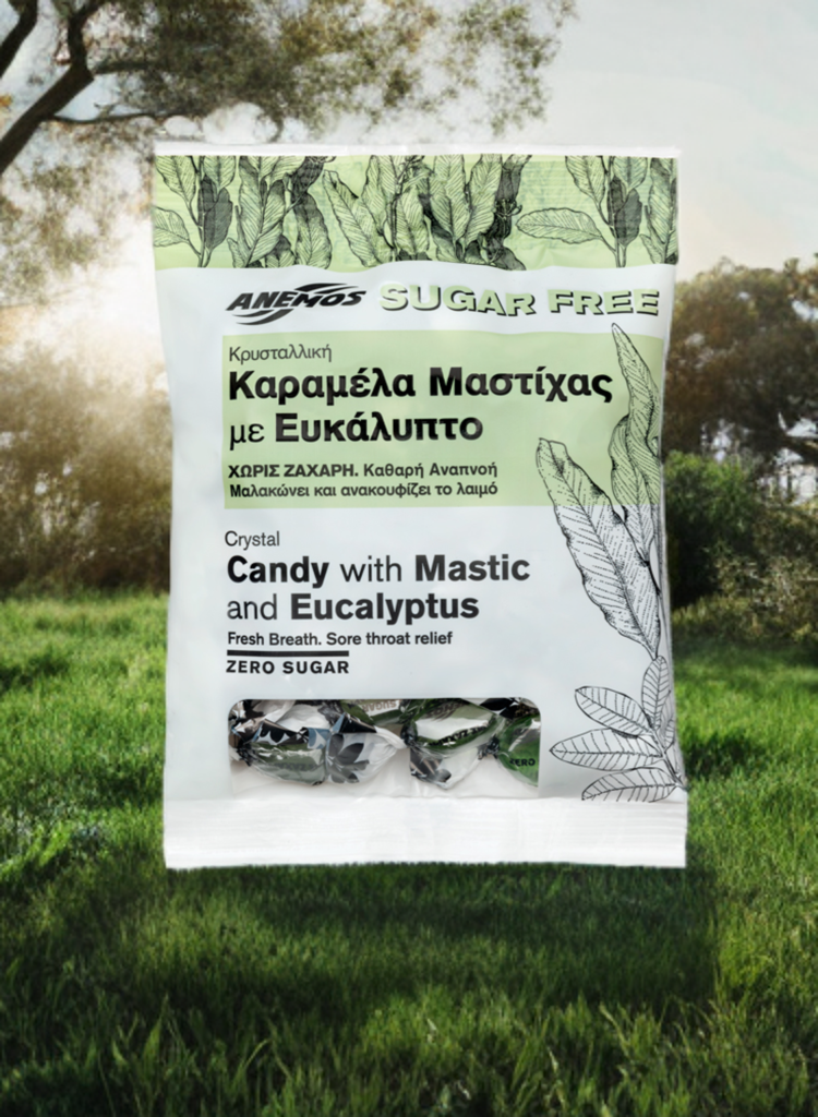 Anemos candy package with mastic and eucalyptus flavor on a grassy background