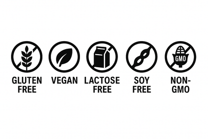 List of benefits: vegan-friendly, lactose-free, gluten-free, sugar-free, preservative-free, free from artificial flavors, non-GMO.