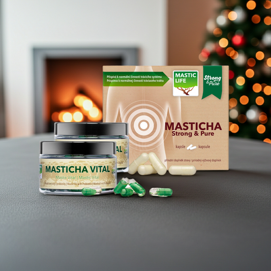 Mastic products including a jar and capsules on a surface with a festive background.