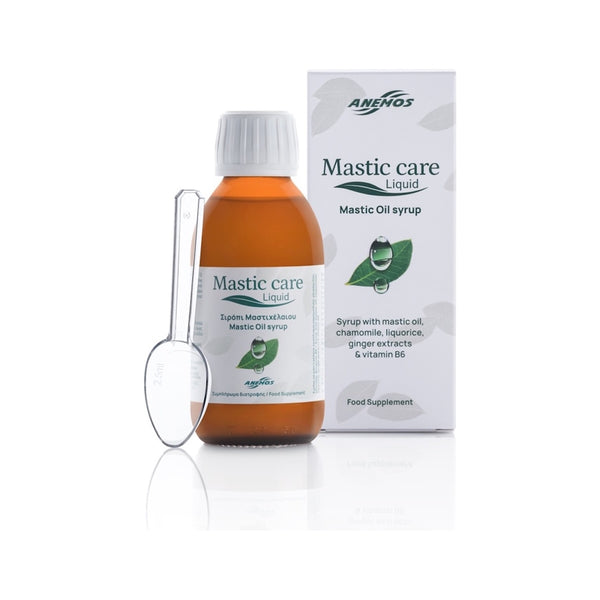 Mastic Care Liquid by Anemos, mastic oil syrup, brown bottle with measuring spoon and box