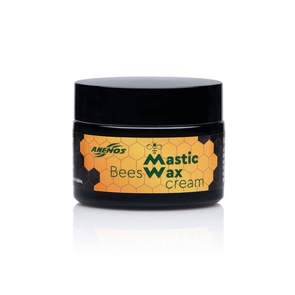 Mastic beeswax balm with organic olive oil in a 50 ml glass jar.